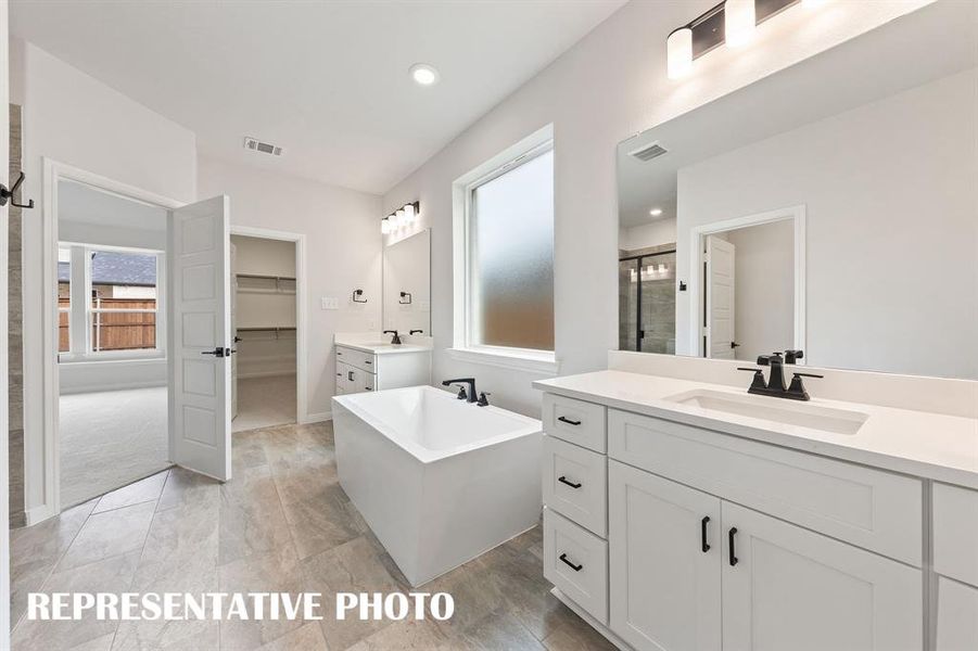 Featuring dual vanities, soaking tub, spacious walk in shower and his & her closets, you'll fend everything you have been searching for in this dream owner's bath! REPRESENTATIVE PHOTO Featuring dual vanities, soaking tub, spacious walk in shower and his & her closets, you'll fend everything you have been searching for in this dream owner's bath! REPRESENTATIVE PHOTO