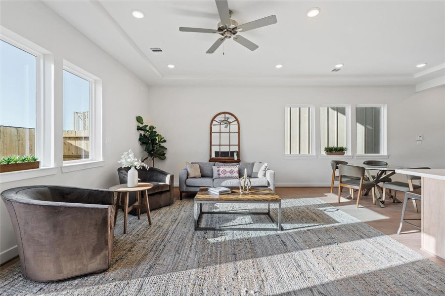 Expansive living area with enough width to support multiple seating arrangements without the room ever feeling tight. Expansive living area with enough width to support multiple seating arrangements without the room ever feeling tight.