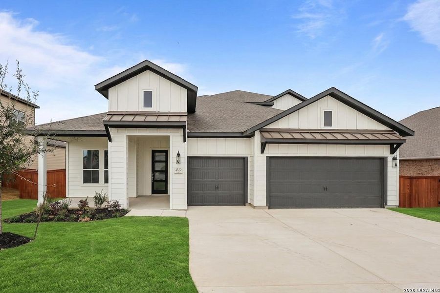 Front exterior of a new home in Homestead, Schertz, TX, highlighting curb appeal (Image 28).