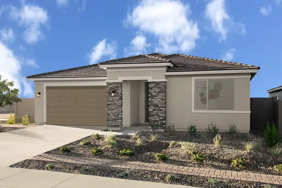 Representative exterior photo of a completed home built from the 2128 Modeled by KB Home in Mesquite at Teravalis, Buckeye, AZ (Image 11). Representative exterior photo of a completed home built from the 2128 Modeled by KB Home in Mesquite at Teravalis, Buckeye, AZ (Image 11).