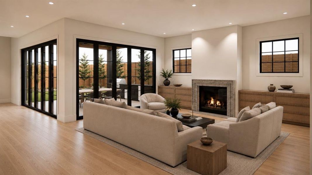 Rendering: Living area with fireplace and large accordion doors allowing for effortless inside-outside living
