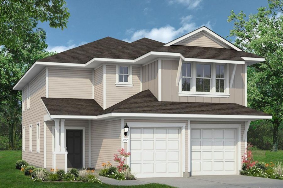Front exterior of a new home in Cascade, Liberty Hill, TX, highlighting curb appeal (Image 1). Front exterior of a new home in Cascade, Liberty Hill, TX, highlighting curb appeal (Image 1).