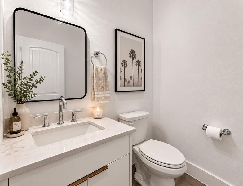 Modern secondary bath with quartz surfaces, designer fixtures, and clean contemporary finishes.