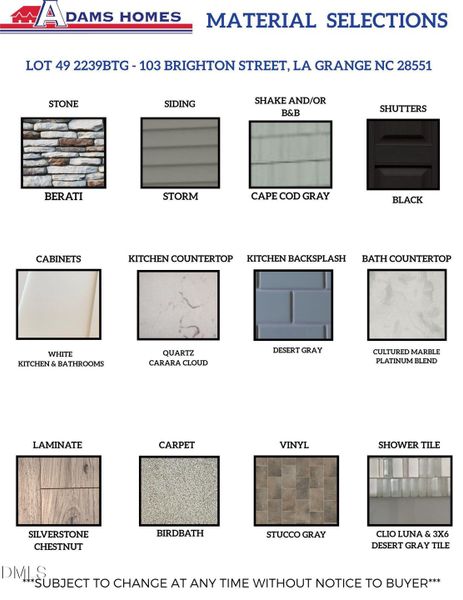 LOT 49 MATERIAL SELECTION SHEET