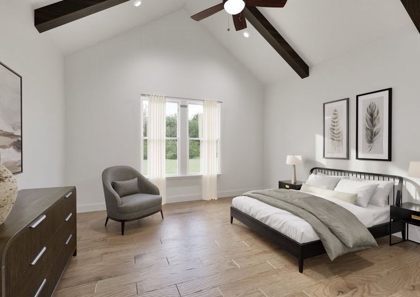Spacious bedroom with a vaulted ceiling with wooden beams features a cozy bed and neutral tones. Bright window, artwork, and modern decor convey tranquility. Spacious bedroom with a vaulted ceiling with wooden beams features a cozy bed and neutral tones. Bright window, artwork, and modern decor convey tranquility.