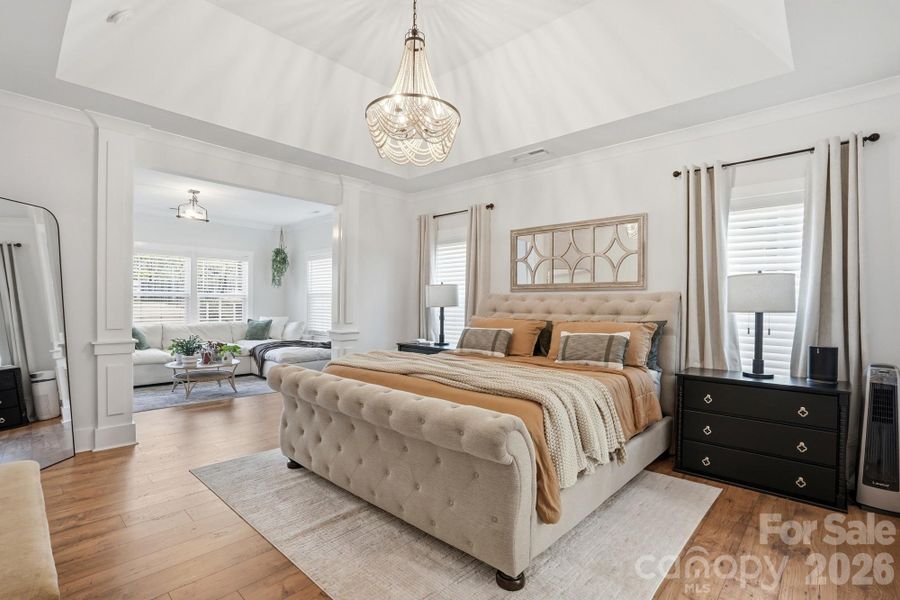 Large Primary Suite with Tray Ceiling and Chandelier