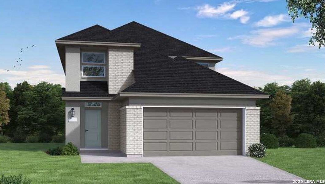 Front exterior of a new home in Sunflower Ridge, New Braunfels, TX, highlighting curb appeal (Image 1). Front exterior of a new home in Sunflower Ridge, New Braunfels, TX, highlighting curb appeal (Image 1).