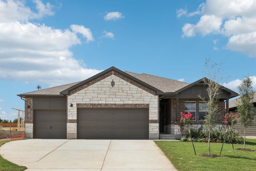 Ranch-style home with an attached garage, driveway, brick siding, a front yard, and roof with shingles Ranch-style home with an attached garage, driveway, brick siding, a front yard, and roof with shingles