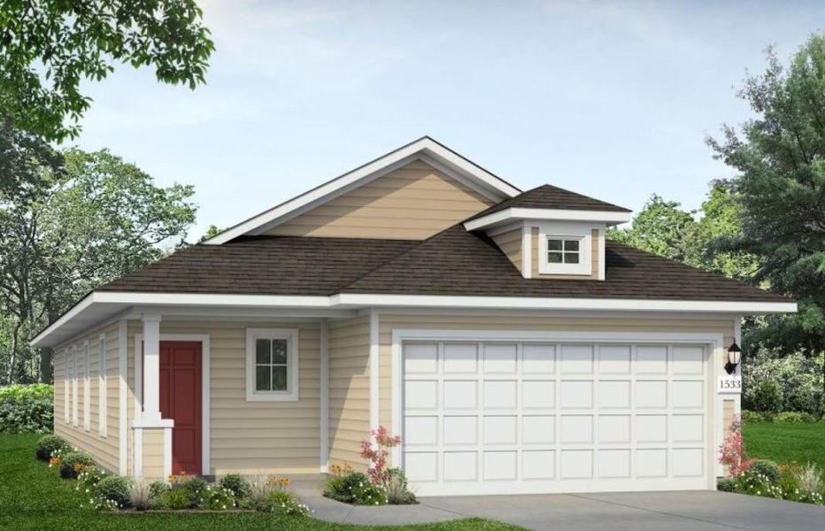 Front exterior of a new home in Cascade, Liberty Hill, TX, highlighting curb appeal (Image 1). Front exterior of a new home in Cascade, Liberty Hill, TX, highlighting curb appeal (Image 1).