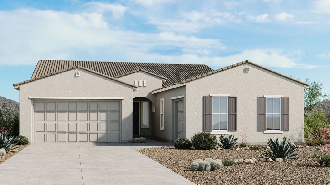 Front exterior of a new home in Ladera Trails, Queen Creek, AZ, highlighting curb appeal (Image 1). Front exterior of a new home in Ladera Trails, Queen Creek, AZ, highlighting curb appeal (Image 1).