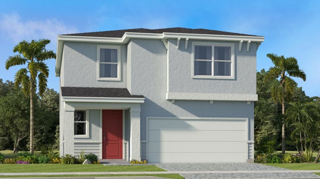 Front exterior of a new home in Riverwood at Everlands, Palm Bay, FL, highlighting curb appeal (Image 1). Front exterior of a new home in Riverwood at Everlands, Palm Bay, FL, highlighting curb appeal (Image 1).