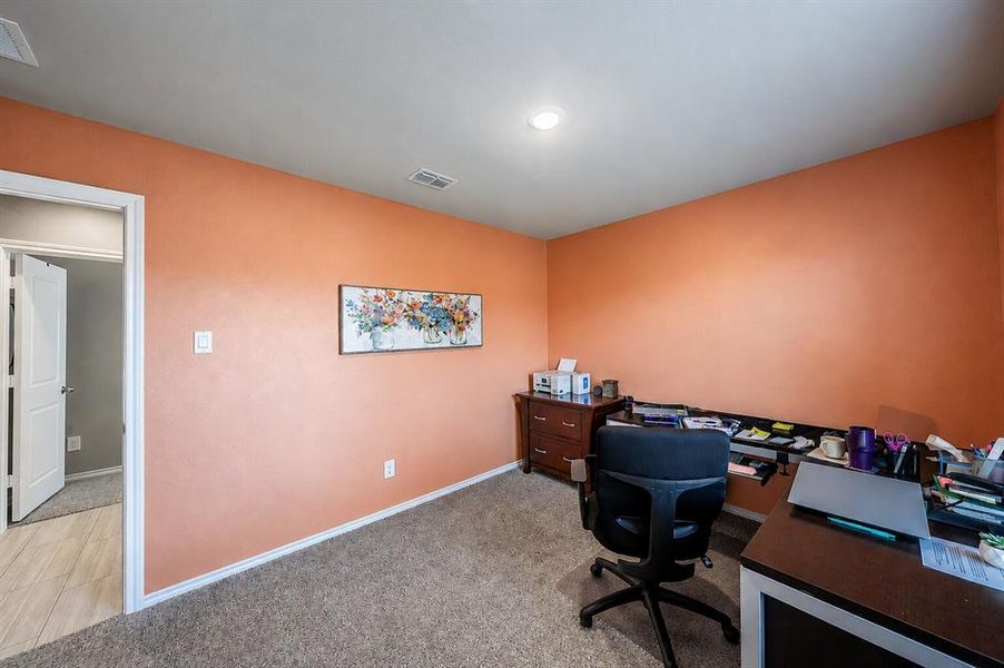 Carpeted room featuring an orange accent wall and white trim