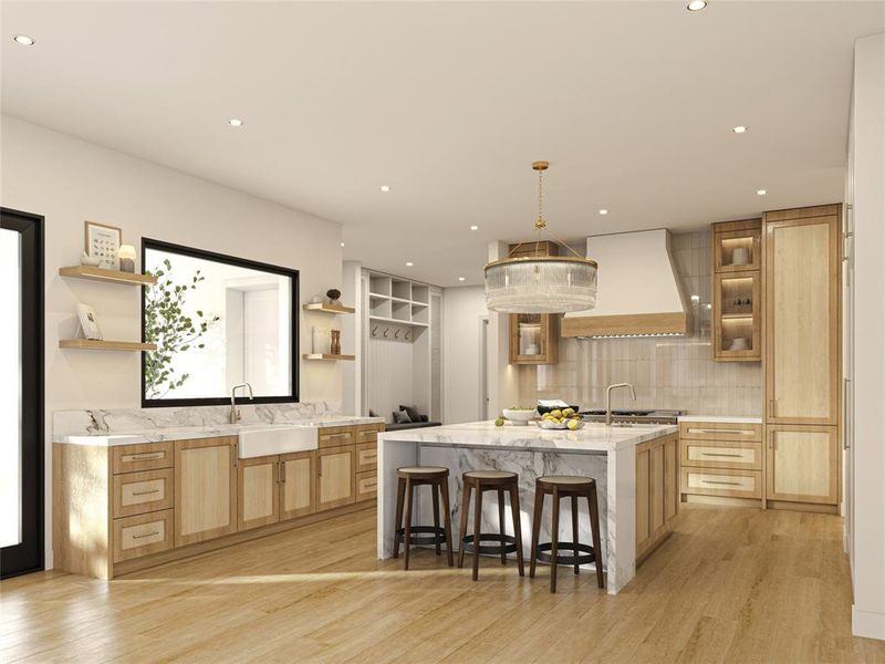 Spacious kitchen featuring an expansive central island with waterfall countertop, wood-finish flooring, light wood cabinetry, and recessed lighting