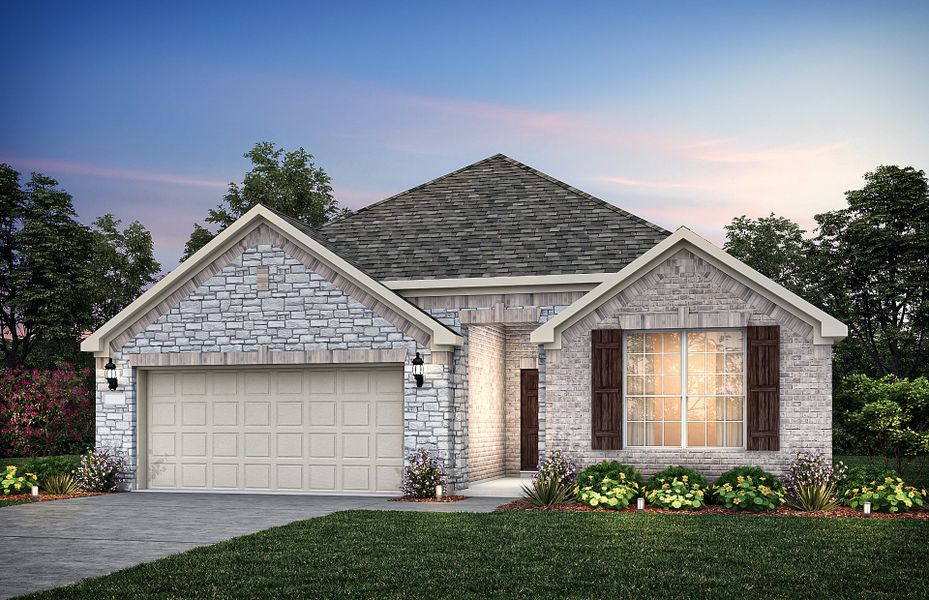 The McKinney, a one-story home with 2-car garage, shown with Home Exterior D