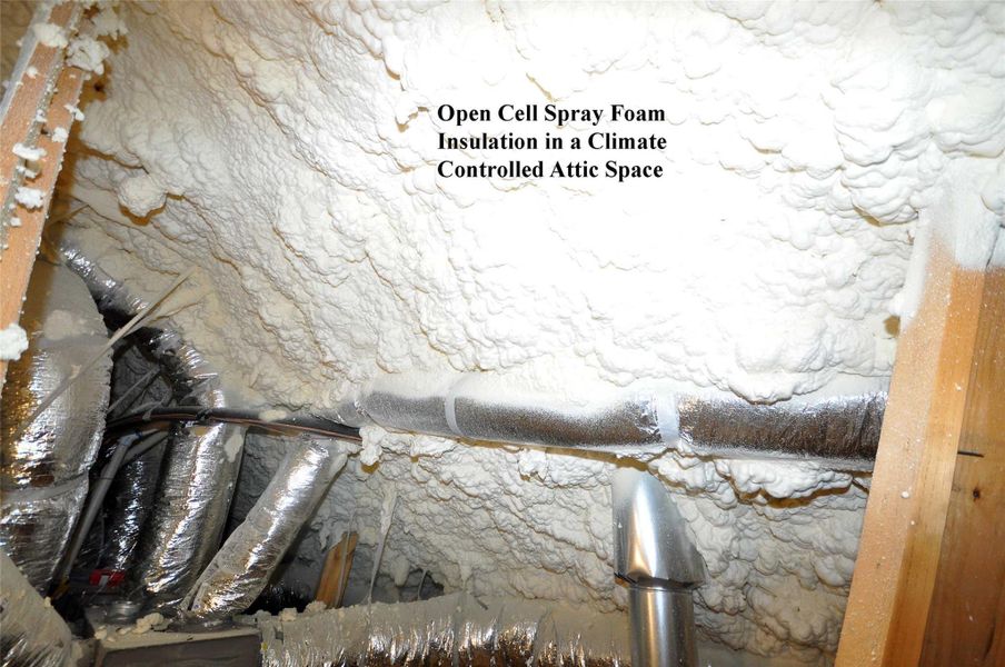 Open cell spray foam insulation in a climate controlled attic space.n Open cell spray foam insulation in a climate controlled attic space.n