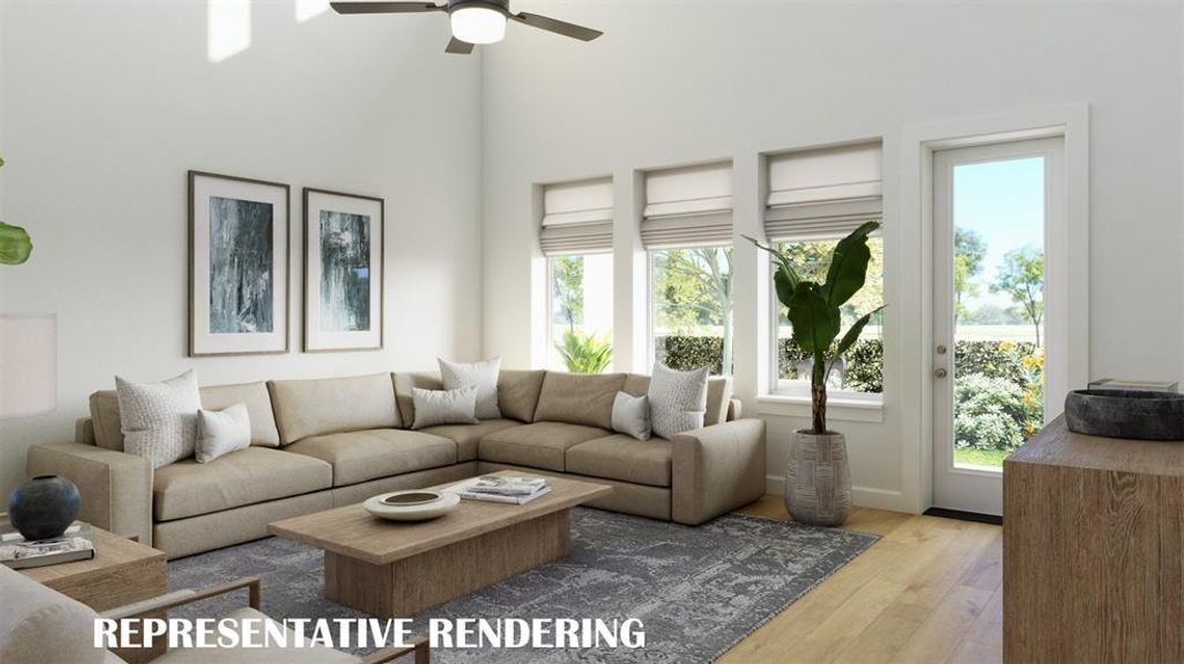 A spacious and light filled family room is the perfect place place for friends and family to gather.  VIRTUALLY STAGED RENDERING