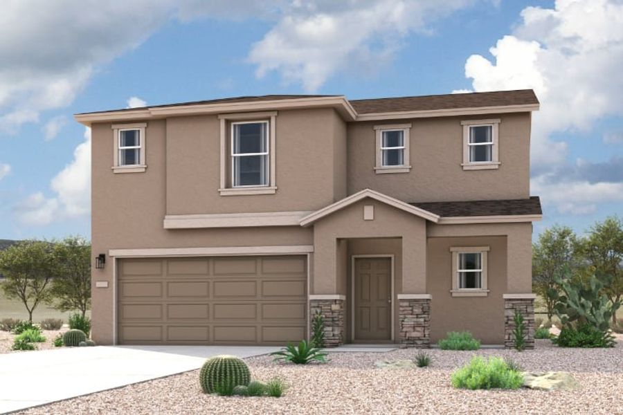 Front exterior of a new home in Western Crossings, Florence, AZ, highlighting curb appeal (Image 1). Front exterior of a new home in Western Crossings, Florence, AZ, highlighting curb appeal (Image 1).