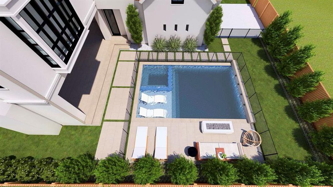 Bird's eye rendering of backyard including pool, sap, outdoor fire pit and turfed yard.