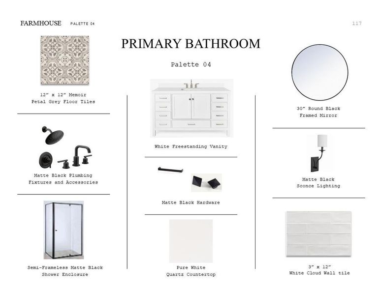Farmhouse Look Palette 4: Primary Bathroom Selection Sheet (*Artist rendering used for illustration purposes only.)