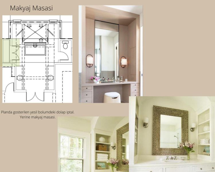 An ornate mirror and vanity create a refined dressing area with built-in shelving. An ornate mirror and vanity create a refined dressing area with built-in shelving.