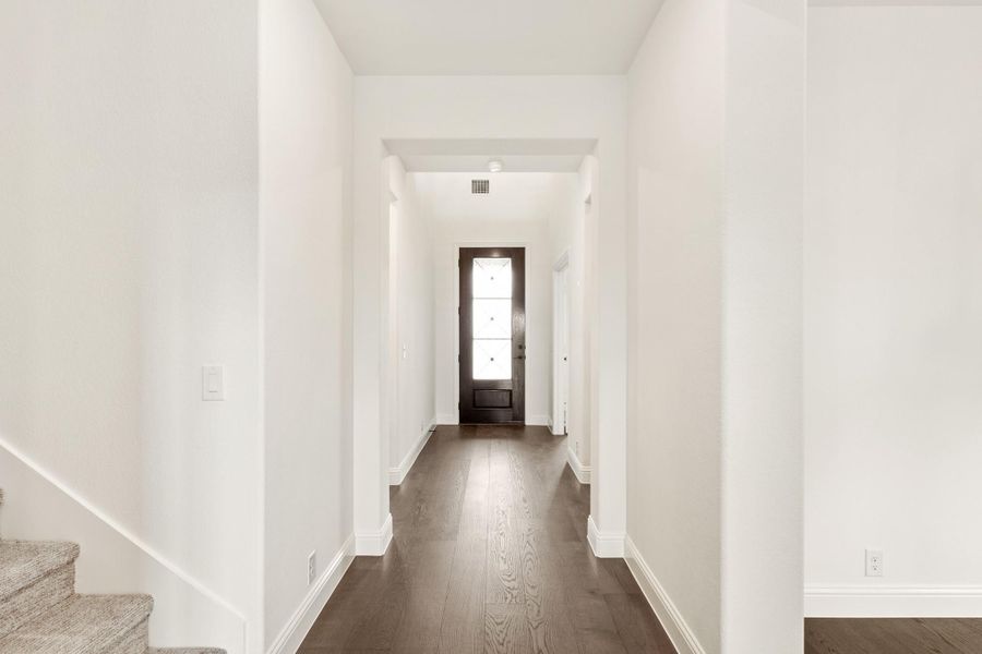 Hallway with dark hardwood floors, white walls, and a dark wood front door with glass panels