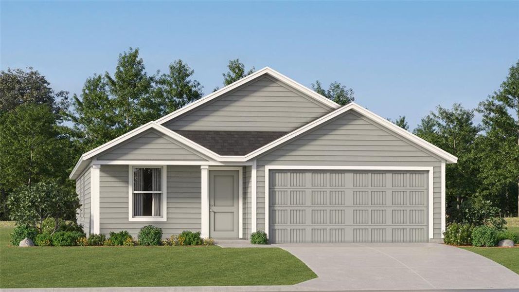 Single story home with an attached garage, a front lawn, concrete driveway, and roof with shingles