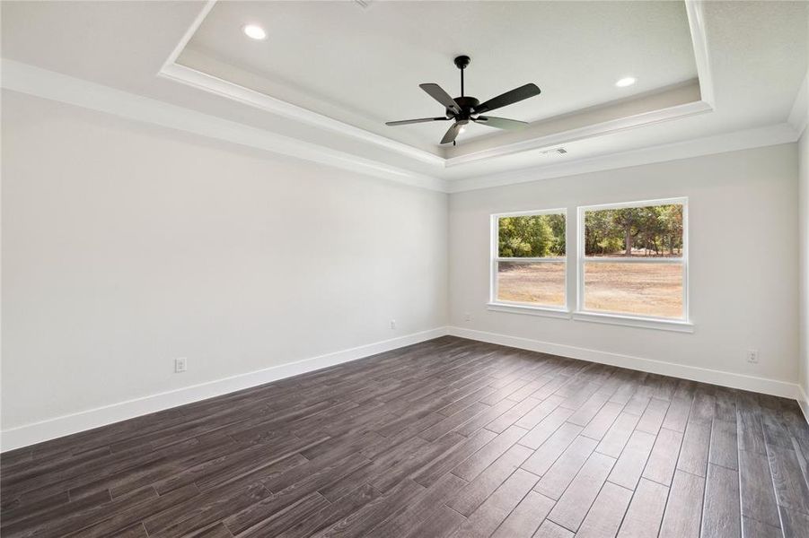 Unfurnished room featuring dark hardwood / wood-style flooring, ceiling fan, a raised ceiling, and crown molding