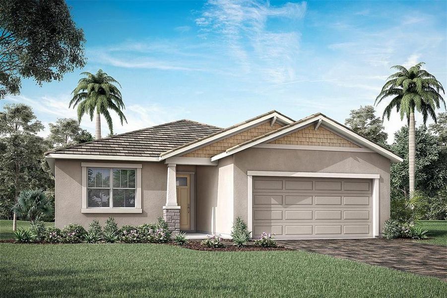 Front exterior of a new home in Sunstone at Wellen Park, Venice, FL, highlighting curb appeal (Image 1).