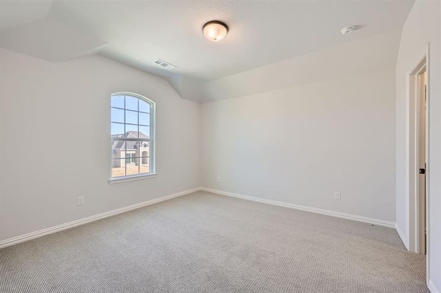 Spare room with vaulted ceiling and light carpet