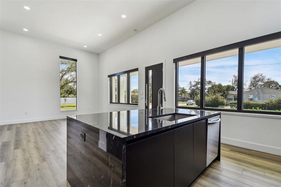 Kitchen Island view to front entry and Dining