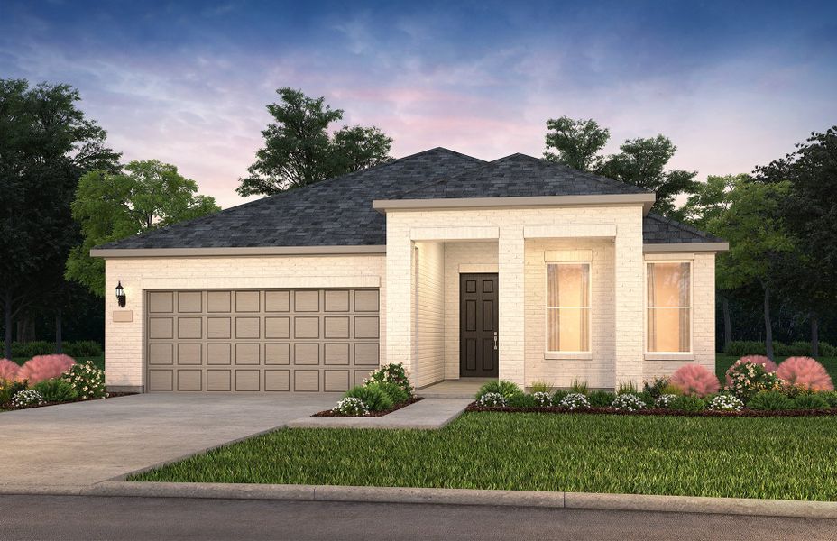 The Prosperity, a one-story home with 2-car garage, shown with Home Exterior TR201