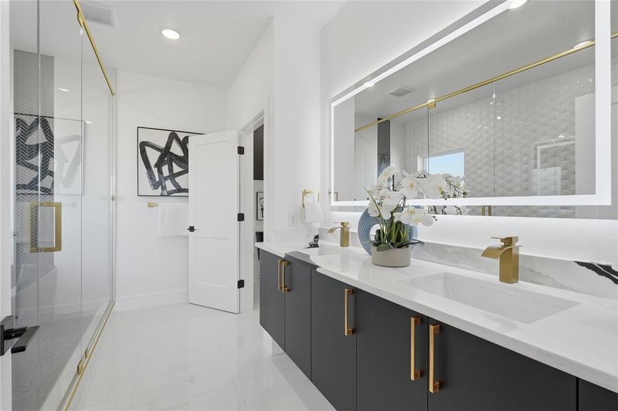 Bathroom with double vanity, a shower stall, and recessed lighting
