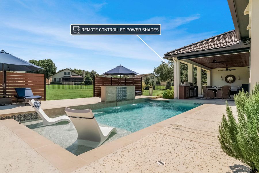 Covered Patio includes hidden powered shades to keep you cool & relaxed. Covered Patio includes hidden powered shades to keep you cool & relaxed.