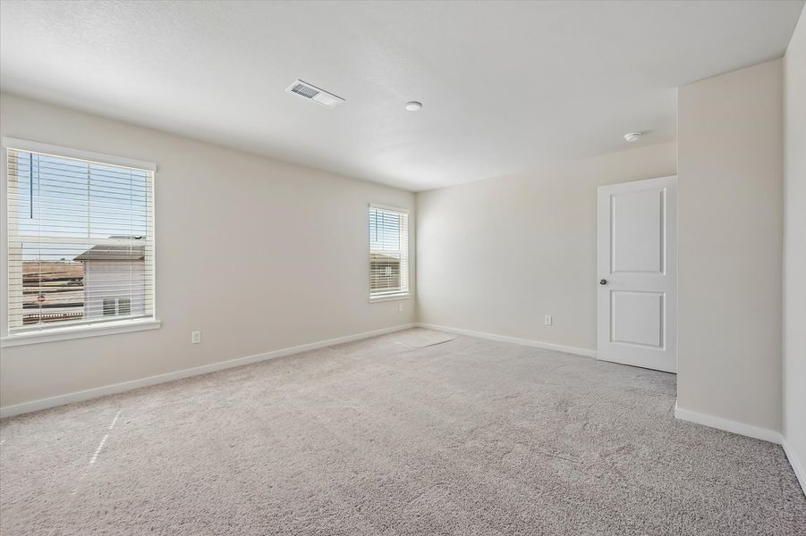 A room with a carpet and windows.