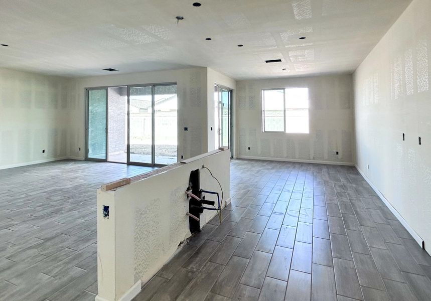 Great room, kitchen and dining