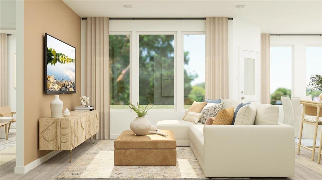 Living area with light wood-type flooring