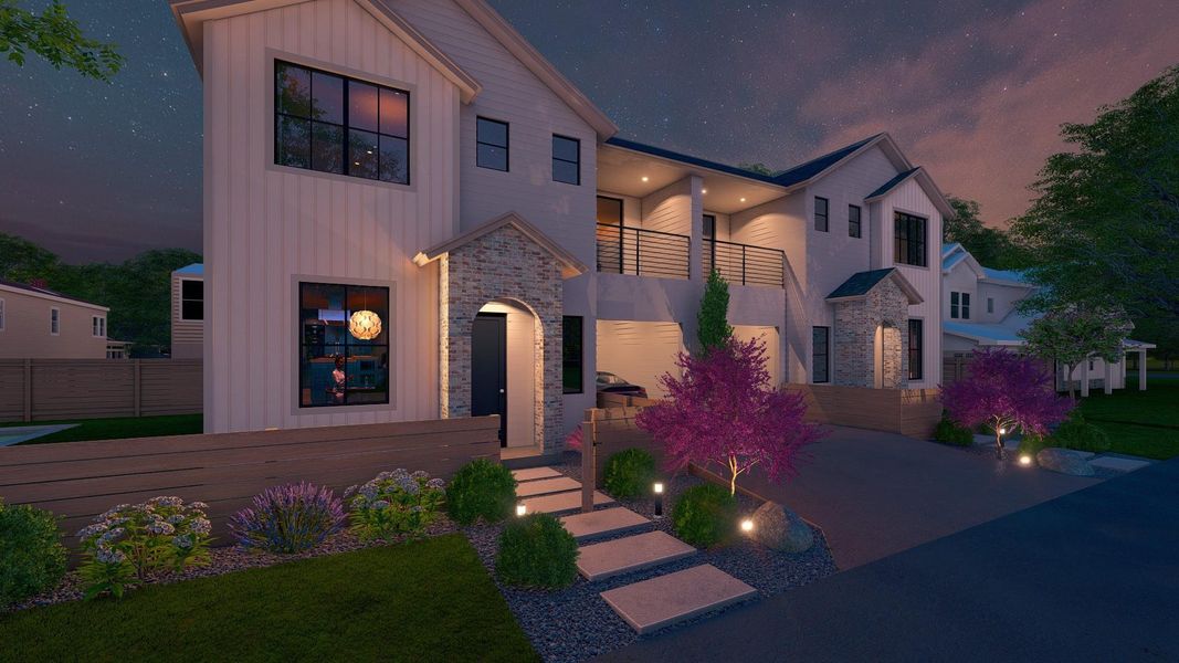 View of front of house with stone siding, a balcony, and board and batten siding