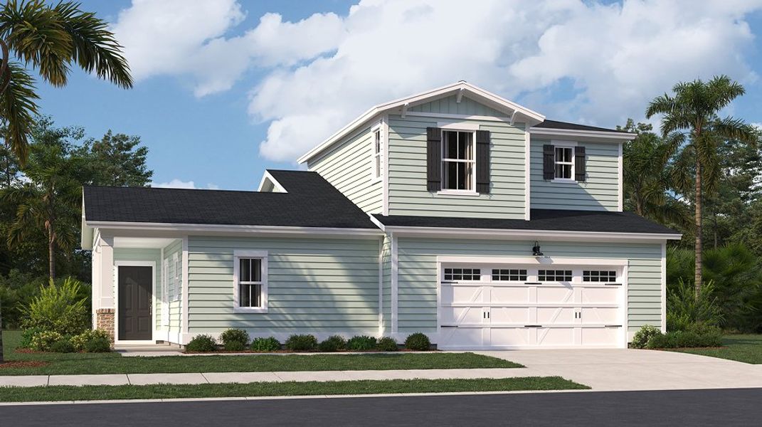 Front exterior of a new home in Horizons at Carnes Crossroads | 55+: Carriage Collection, Summerville, SC, highlighting curb appeal (Image 1).
