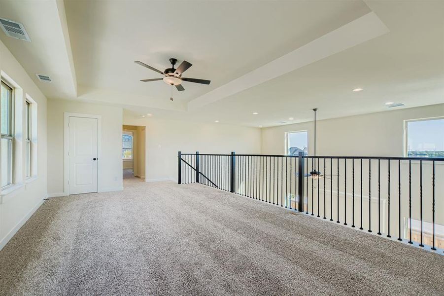 Empty room featuring ceiling fan, a raised ceiling, carpet floors, and healthy amount of natural light
