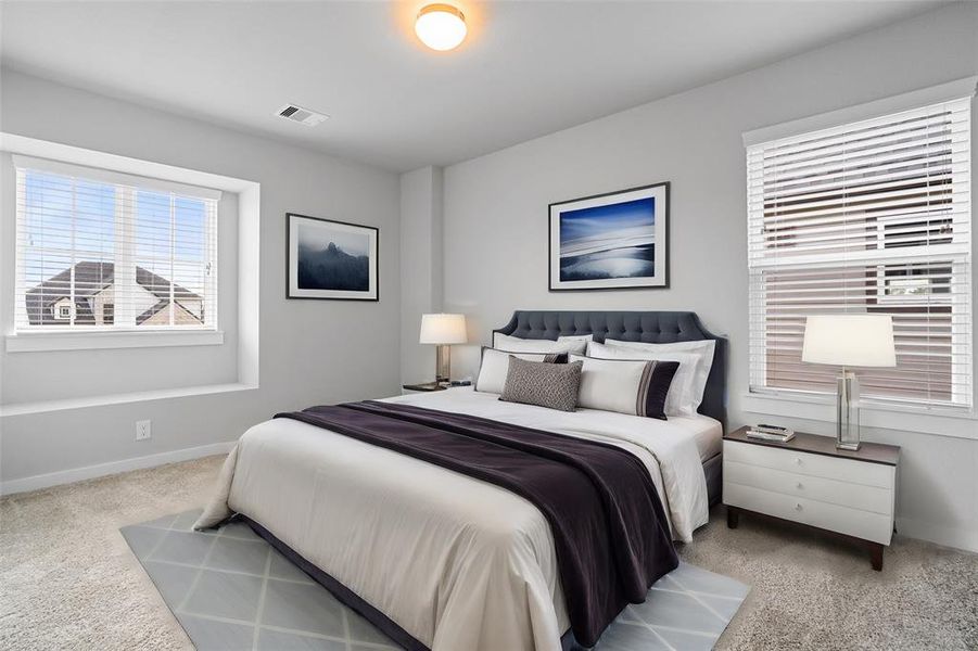 Secondary bedroom features plush carpet, custom paint, high ceilings, and a large window with privacy blinds.