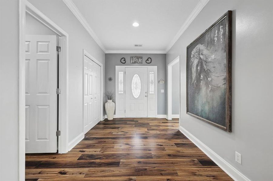 Entryway featuring crown molding and dark wood-type flooring