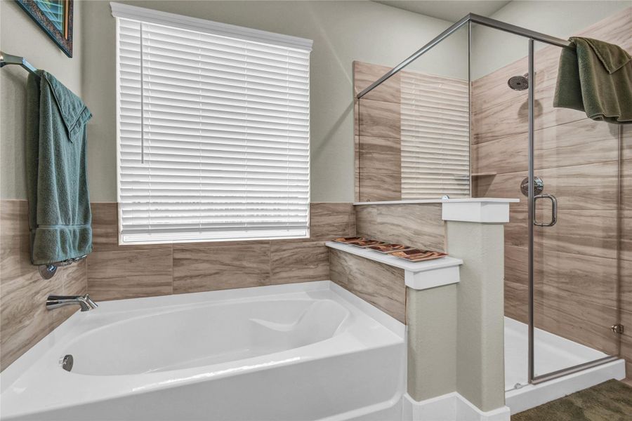 Soaking tub and all glass enclosed tile shower Soaking tub and all glass enclosed tile shower