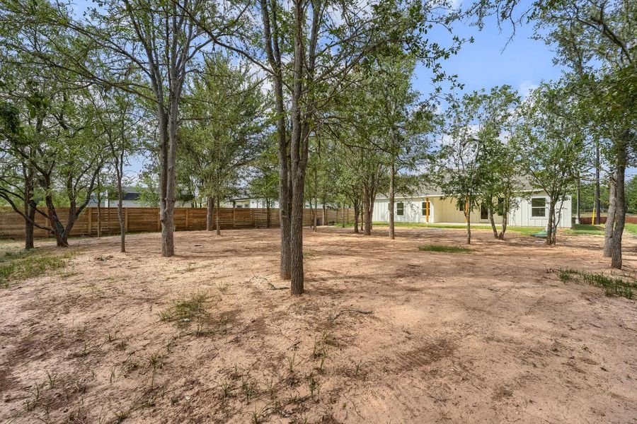 Mature trees and a new privacy fence frame a spacious rear yard, ideal for outdoor living.