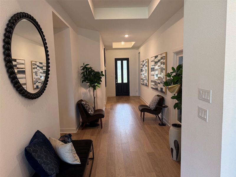 Elegant hallway with warm wood flooring, modern decor, and ample natural light leads to a striking black front door.