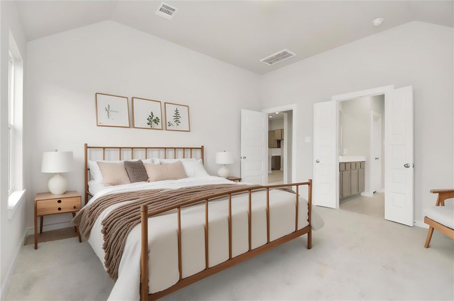 *Virtually Staged* Come and unwind after a long day in this magnificent primary suite! This spacious roomfeatures plush carpet, warm paint, high ceilings and large windows with privacy blinds. Sample photo of completed home with similar floor plan. Actual colors and selections may vary. *Virtually Staged* Come and unwind after a long day in this magnificent primary suite! This spacious roomfeatures plush carpet, warm paint, high ceilings and large windows with privacy blinds. Sample photo of completed home with similar floor plan. Actual colors and selections may vary.