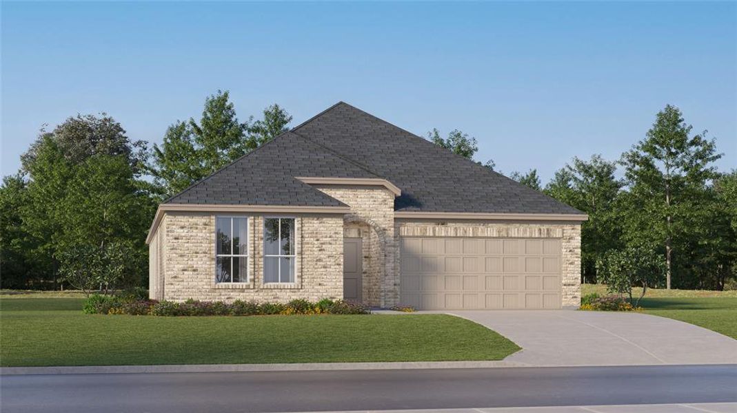 View of front of house with a garage and a front lawn