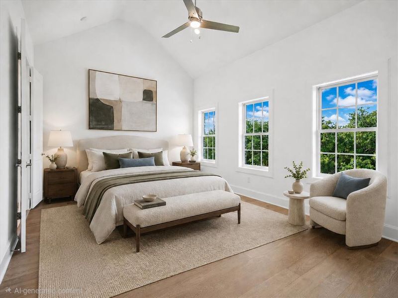 Vaulted ceiling bedroom featuring wood-finish flooring and three double-hung windows Vaulted ceiling bedroom featuring wood-finish flooring and three double-hung windows