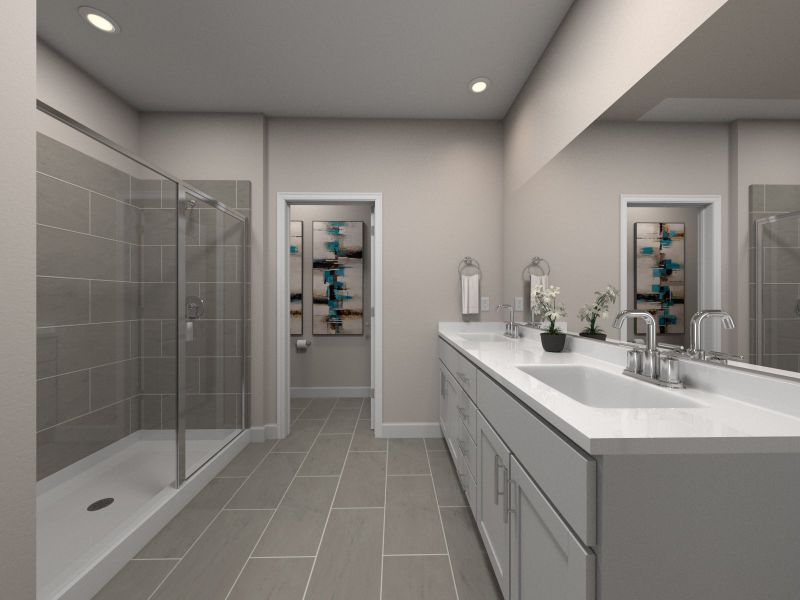 The primary bathroom offers dual vanity sinks and a walk-in shower.