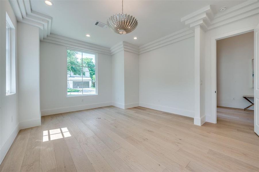 Office featuring a chandelier, light wood-style flooring, recessed lighting, and ornamental molding Office featuring a chandelier, light wood-style flooring, recessed lighting, and ornamental molding