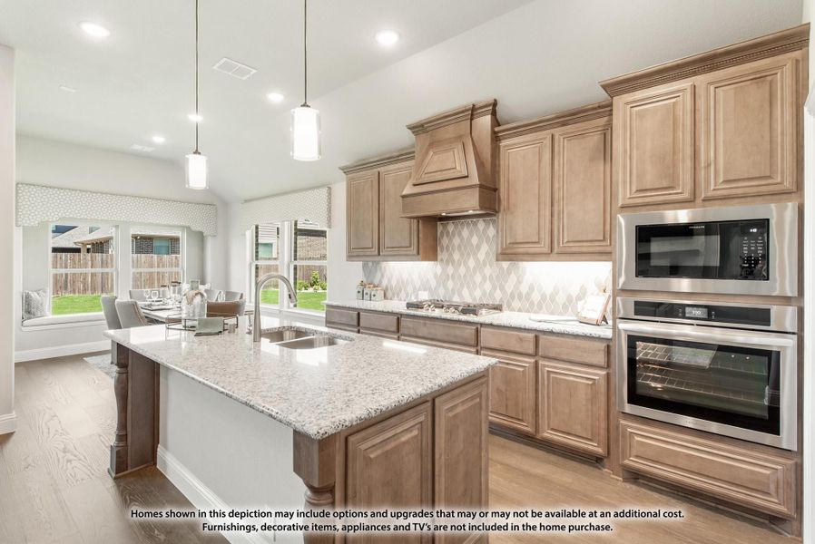 Kitchen with wood cabinets, granite island, stainless steel appliances, and diamond tile backsplash Kitchen with wood cabinets, granite island, stainless steel appliances, and diamond tile backsplash